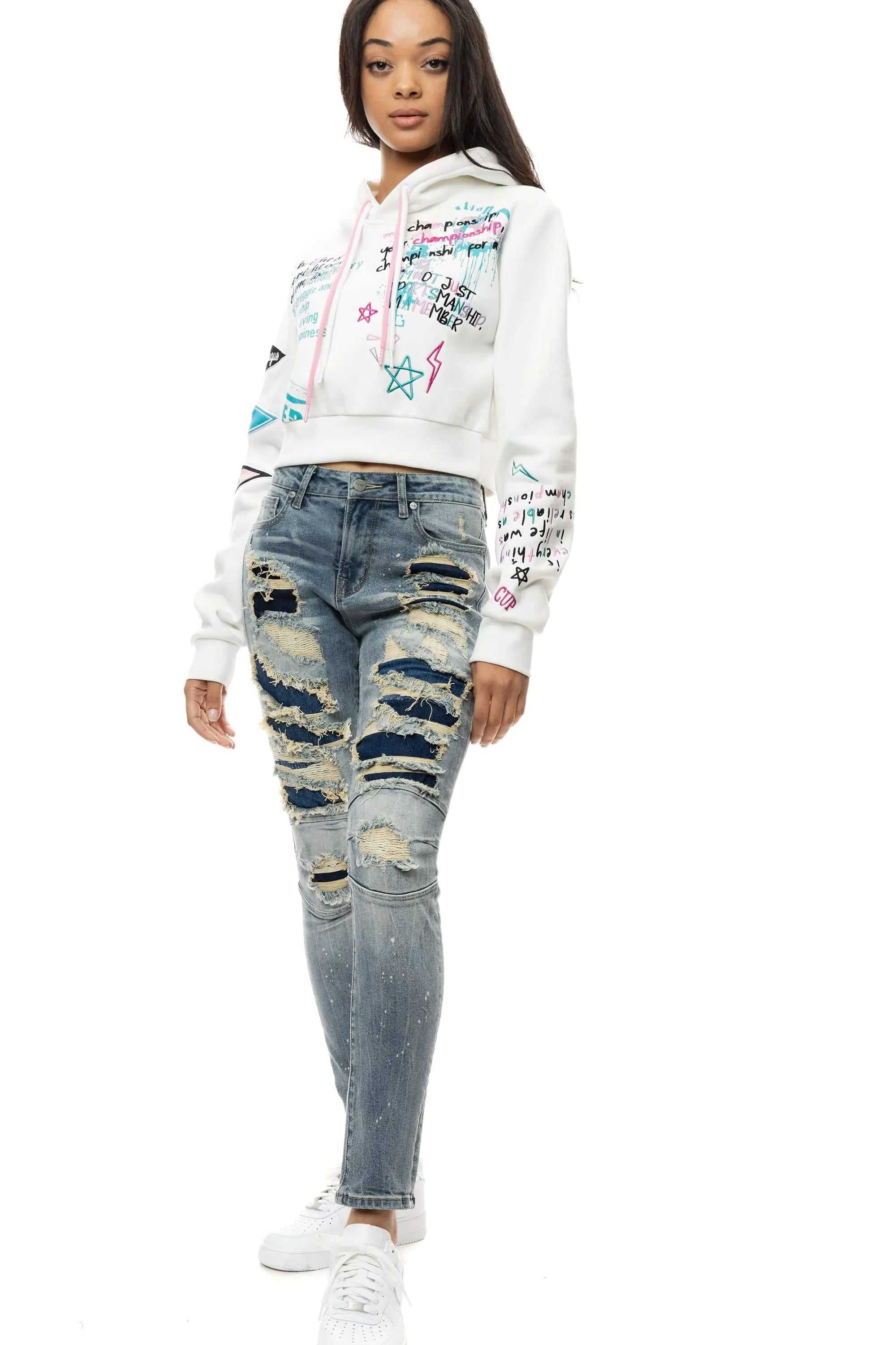 Women's Smoke Rise Red Relaxed Cropped Hoodie White