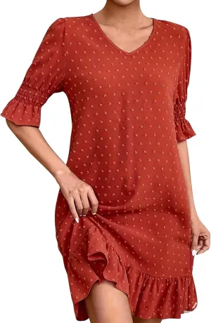 Womens Summer Dresses 2025 Casual Loose Fit Ruffled Hem Beach Dress Trendy Swiss Dots Short Sleeve V Neck Mini Dress
