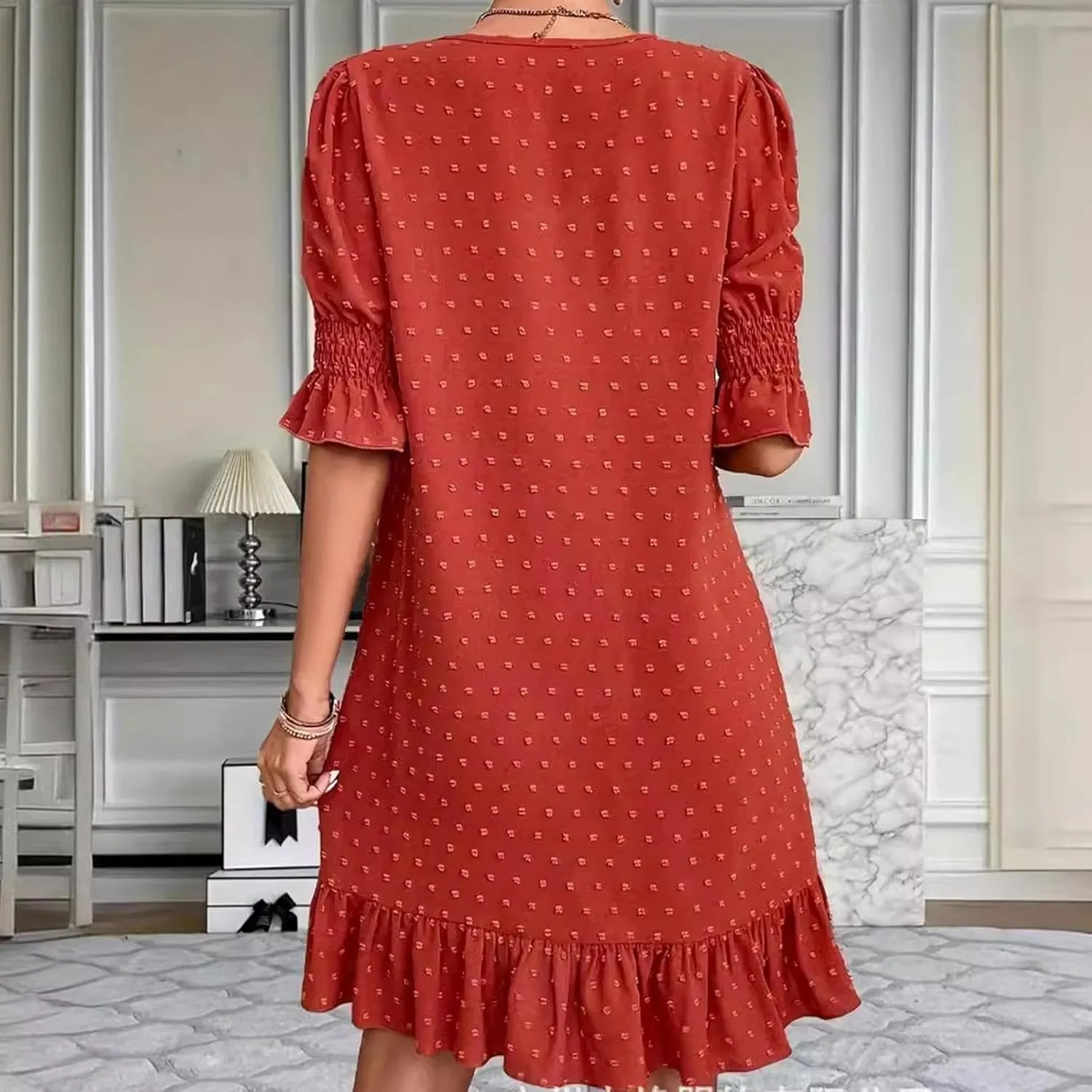Womens Summer Dresses 2025 Casual Loose Fit Ruffled Hem Beach Dress Trendy Swiss Dots Short Sleeve V Neck Mini Dress