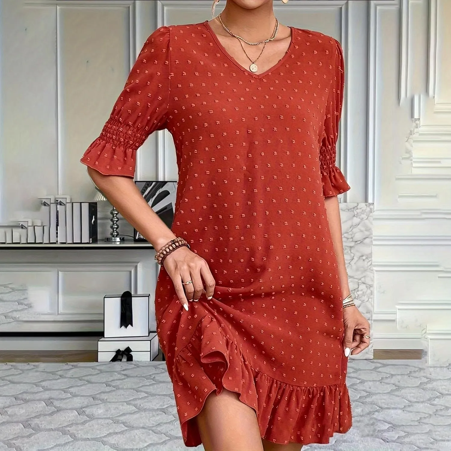 Womens Summer Dresses 2025 Casual Loose Fit Ruffled Hem Beach Dress Trendy Swiss Dots Short Sleeve V Neck Mini Dress
