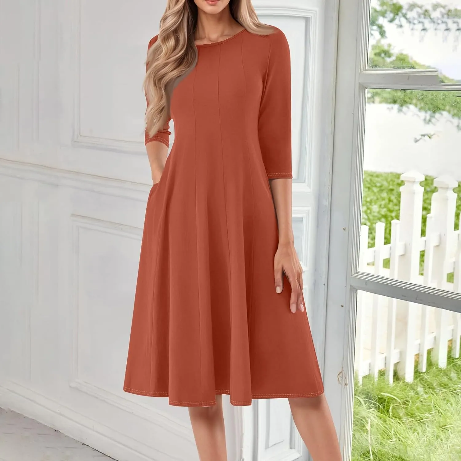 Women's Summer Dresses 2025 Casual Loose Trendy Crew Neck 3/4 Sleeve Solid Midi Dress Plus Size, S-3XL
