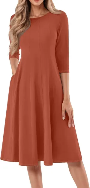 Women's Summer Dresses 2025 Casual Loose Trendy Crew Neck 3/4 Sleeve Solid Midi Dress Plus Size, S-3XL