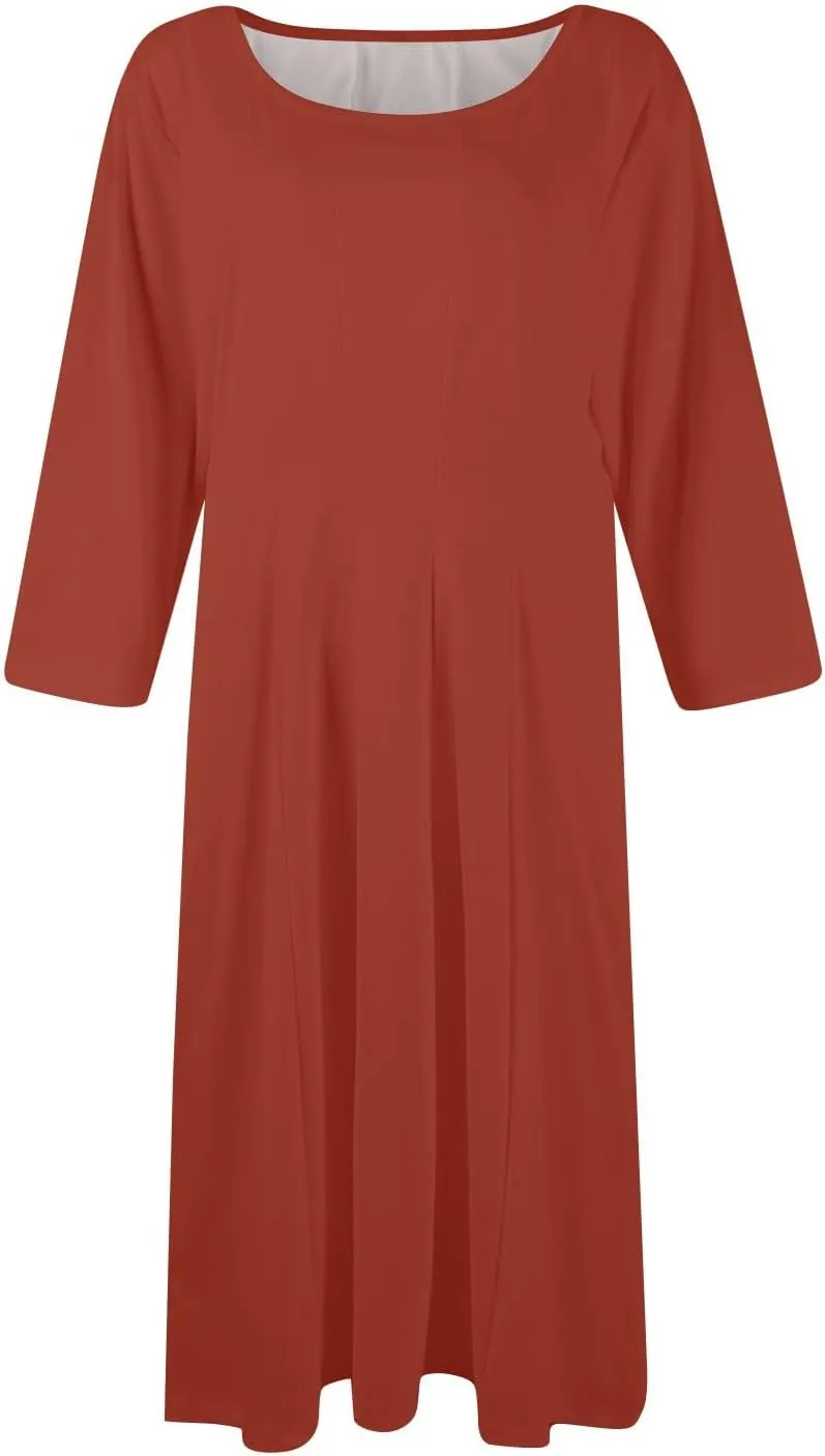 Women's Summer Dresses 2025 Casual Loose Trendy Crew Neck 3/4 Sleeve Solid Midi Dress Plus Size, S-3XL