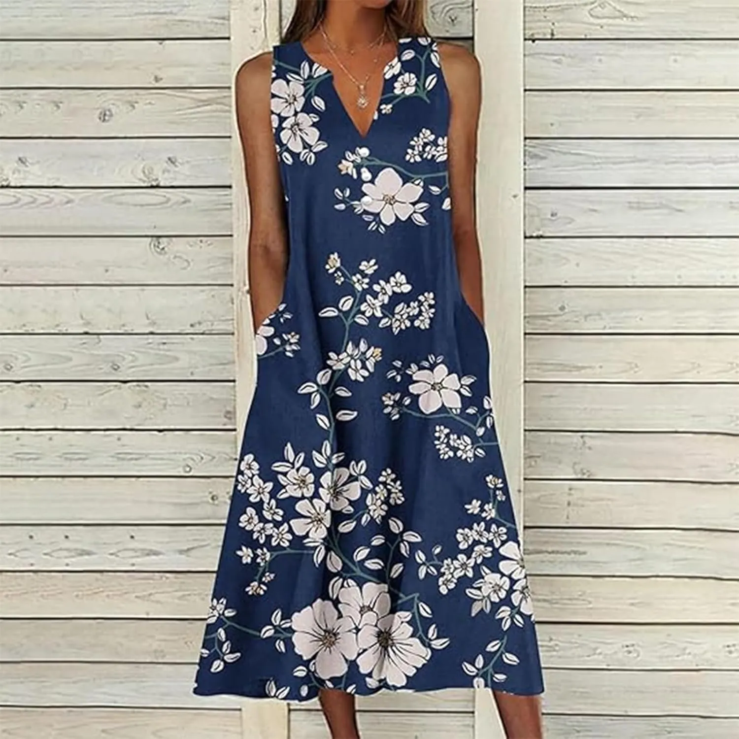 Womens Summer Dresses V Neck Sleeveless Sundresses Loose Beach Vacation Casual Boho Tank Dress with Pockets