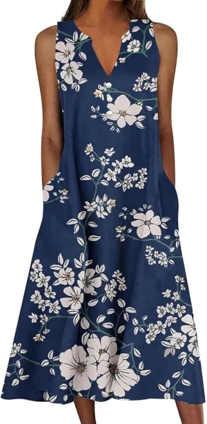 Womens Summer Dresses V Neck Sleeveless Sundresses Loose Beach Vacation Casual Boho Tank Dress with Pockets