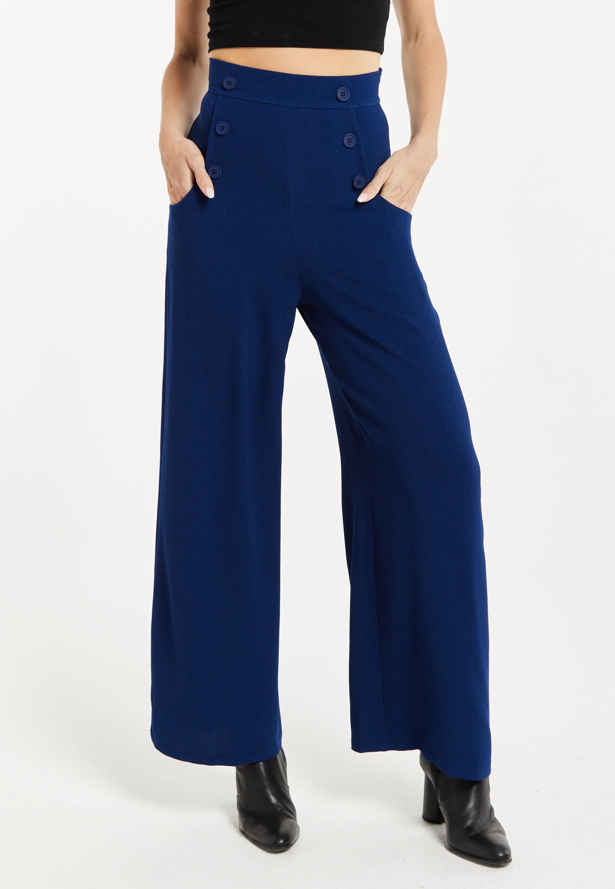 Women's Trousers - High Waist Navy Wide Leg with Front Buttons & Zip-Side Fastening, Liquorish