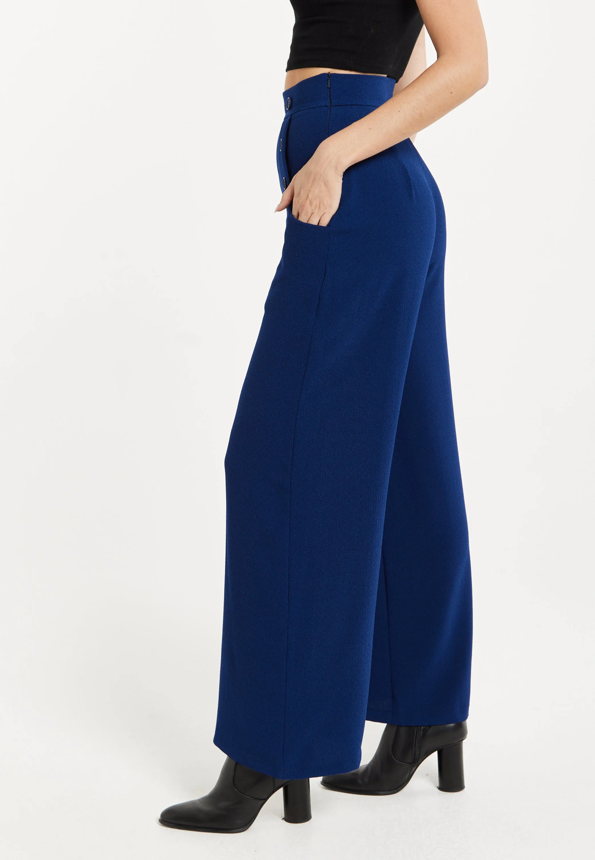 Women's Trousers - High Waist Navy Wide Leg with Front Buttons & Zip-Side Fastening, Liquorish