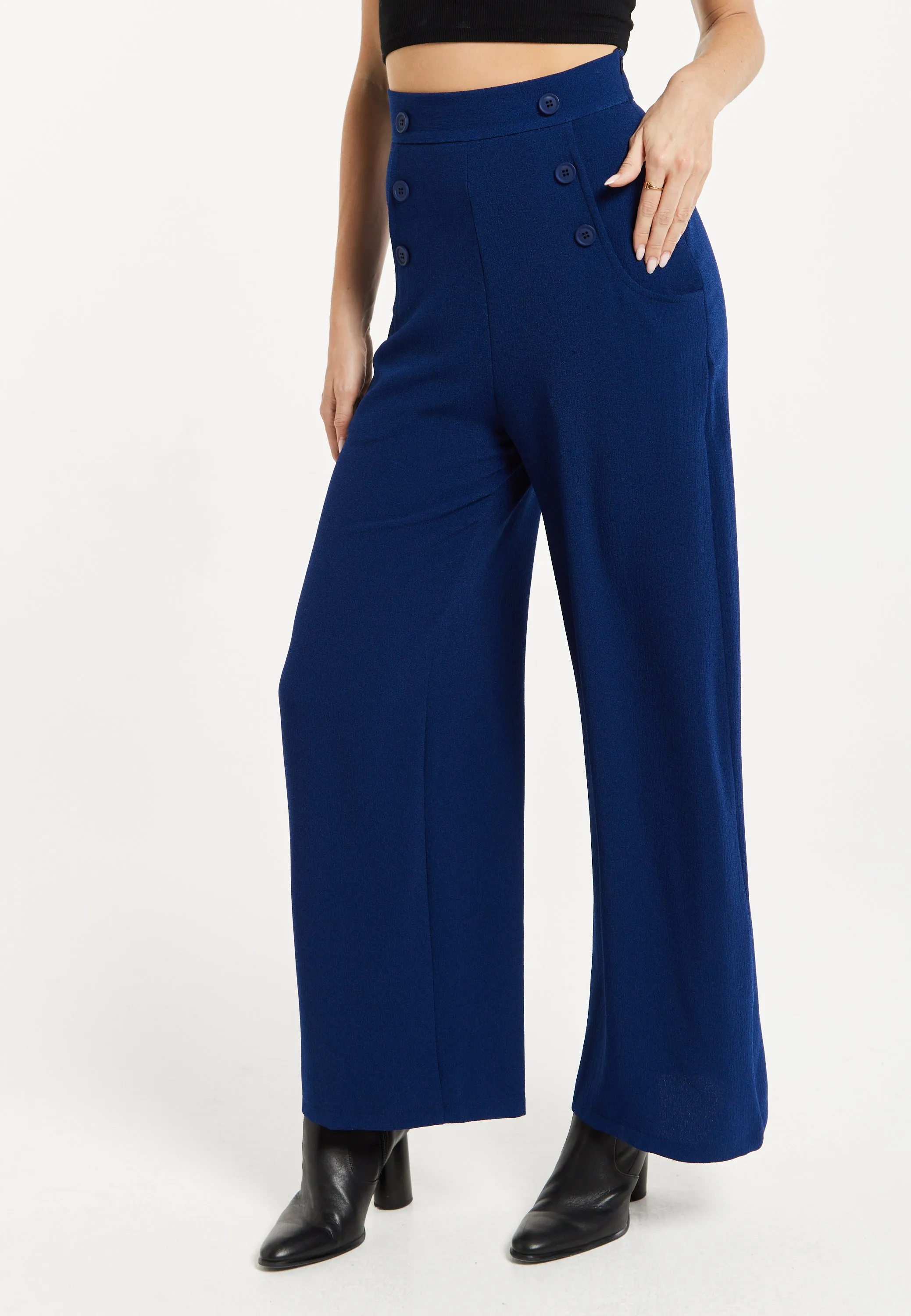 Women's Trousers - High Waist Navy Wide Leg with Front Buttons & Zip-Side Fastening, Liquorish