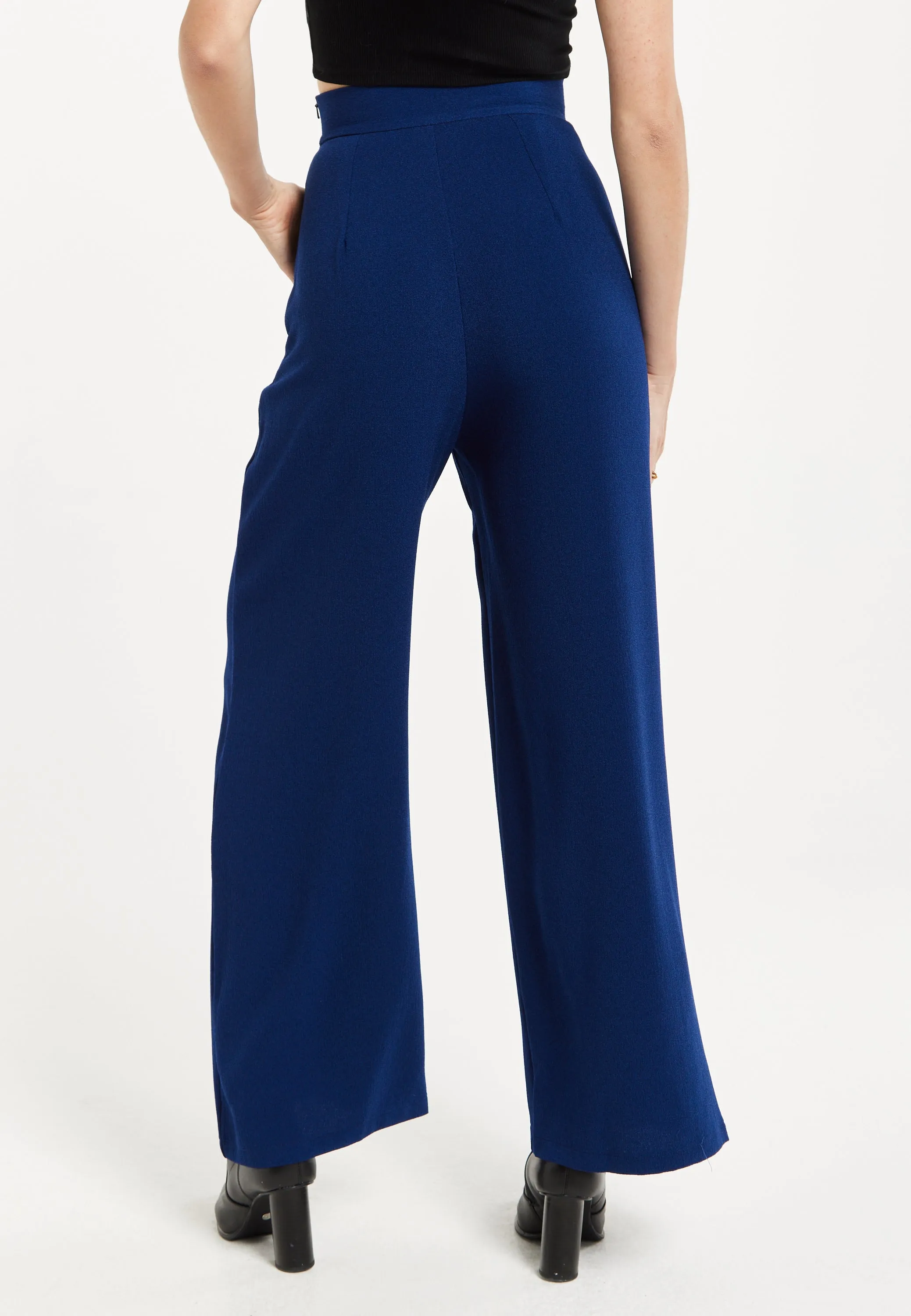 Women's Trousers - High Waist Navy Wide Leg with Front Buttons & Zip-Side Fastening, Liquorish