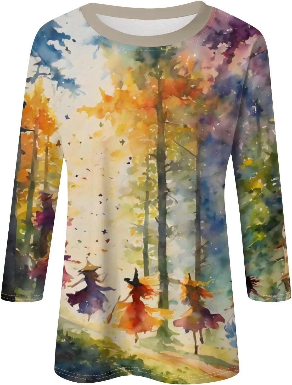 ZEFOTIM Womens Halloween Tops 3/4 Length Sleeve Crewneck Casual Scary Funny Shirts Ghost Bat Witch Tops