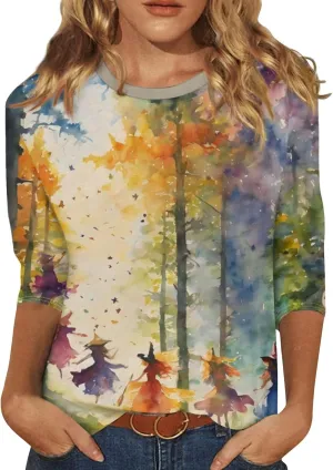 ZEFOTIM Womens Halloween Tops 3/4 Length Sleeve Crewneck Casual Scary Funny Shirts Ghost Bat Witch Tops